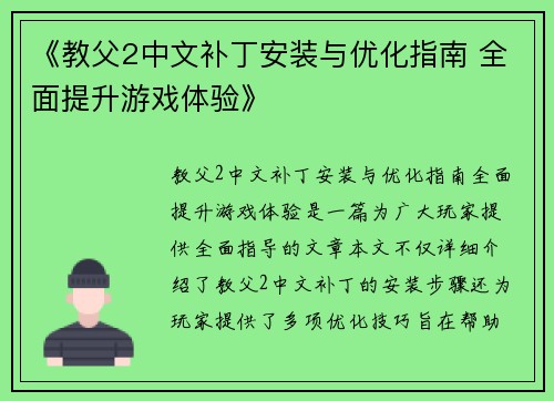 《教父2中文补丁安装与优化指南 全面提升游戏体验》